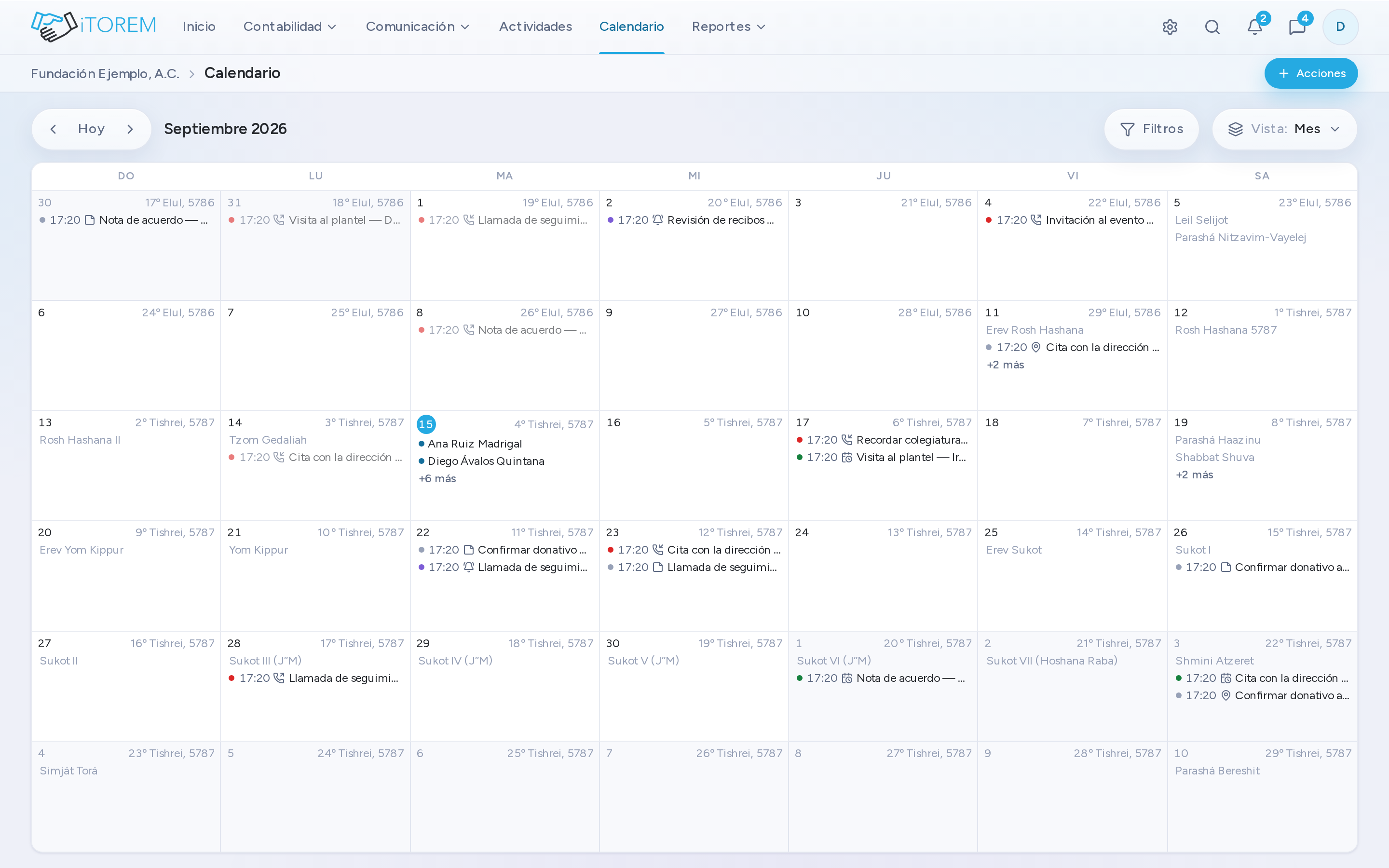El calendario mensual con actividades y las fechas del calendario hebreo.