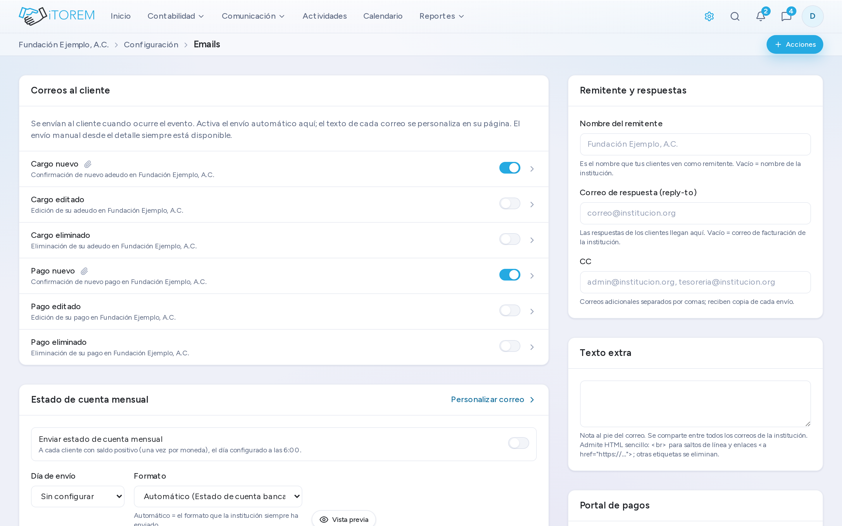 La configuración de correos con remitente, avisos automáticos y plantillas.