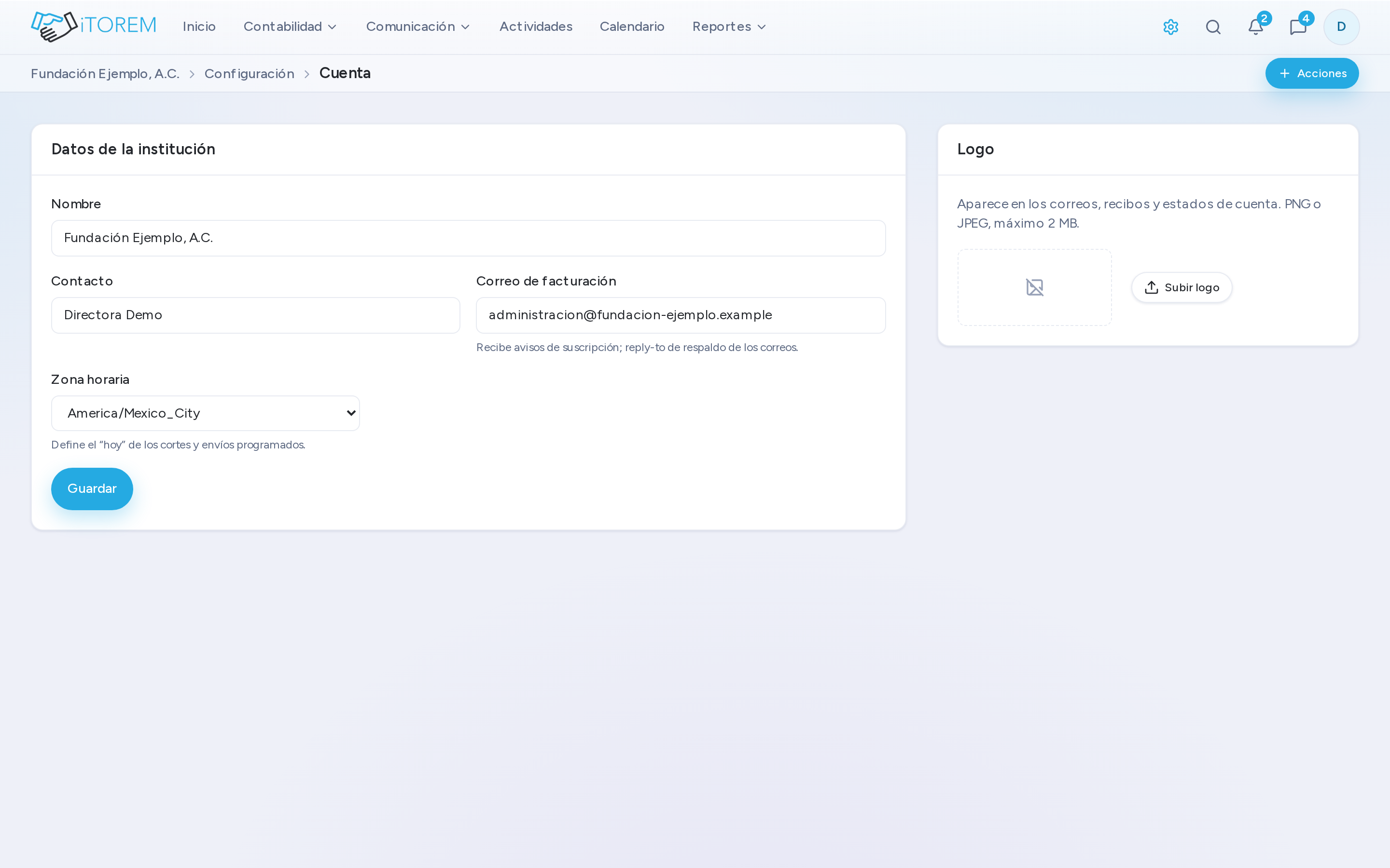 Configuración de la cuenta: datos de la institución, correo de facturación y logo.