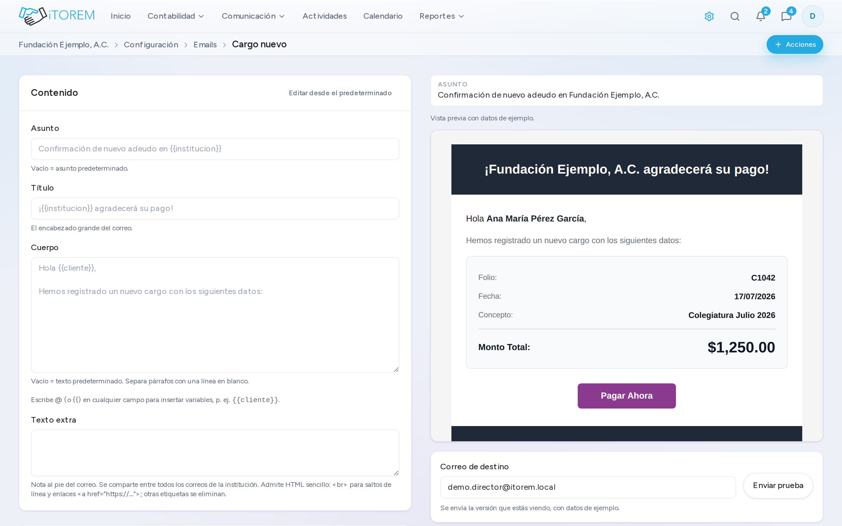 El editor de una plantilla de correo con su vista previa en vivo.