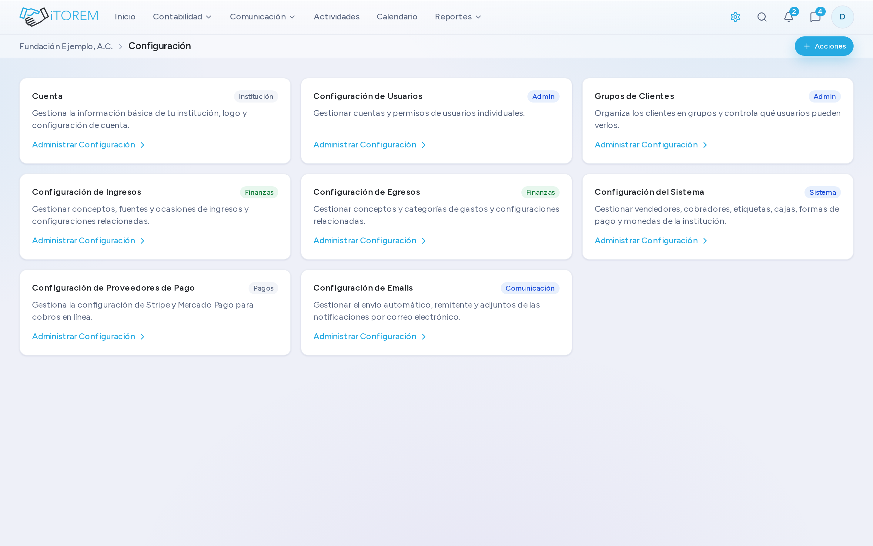 La portada de Configuración con sus tarjetas por área.