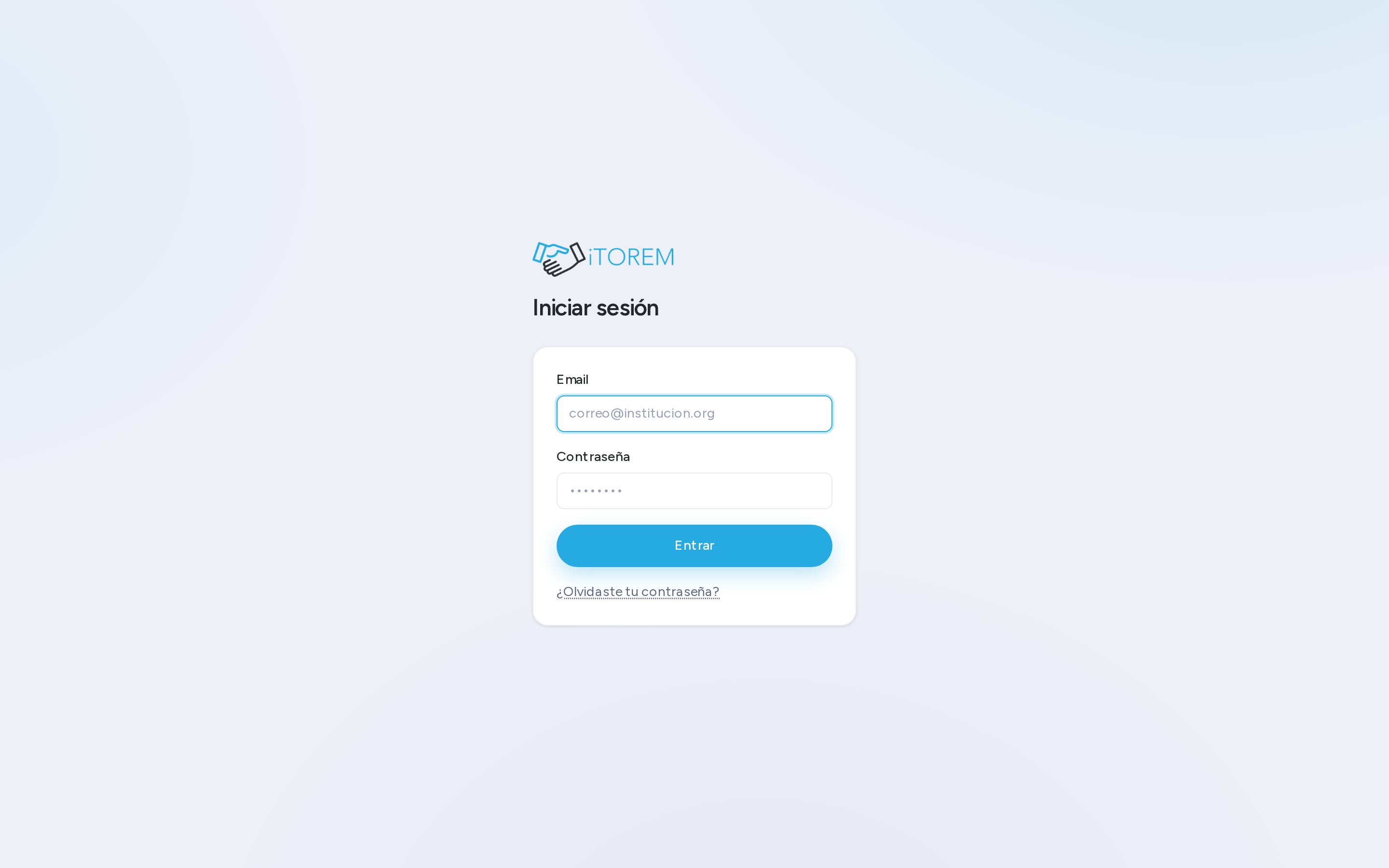 Pantalla de inicio de sesión de iTorem con los campos de correo y contraseña.